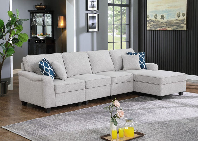 Leo Light Gray Linen 5 Seater Sofa and Ottoman