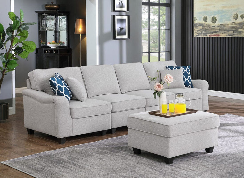 Leo Light Gray Linen 5 Seater Sofa and Ottoman