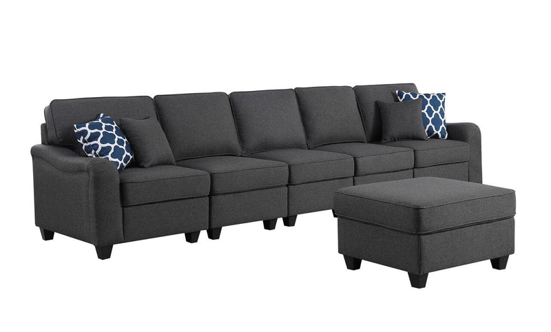 Leo Dark Gray Linen 6 Seater Sofa and Ottoman