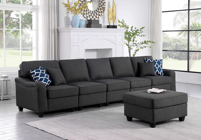 Leo Dark Gray Linen 6 Seater Sofa and Ottoman