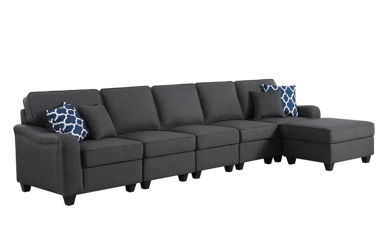 Leo Dark Gray Linen 6 Seater Sofa and Ottoman