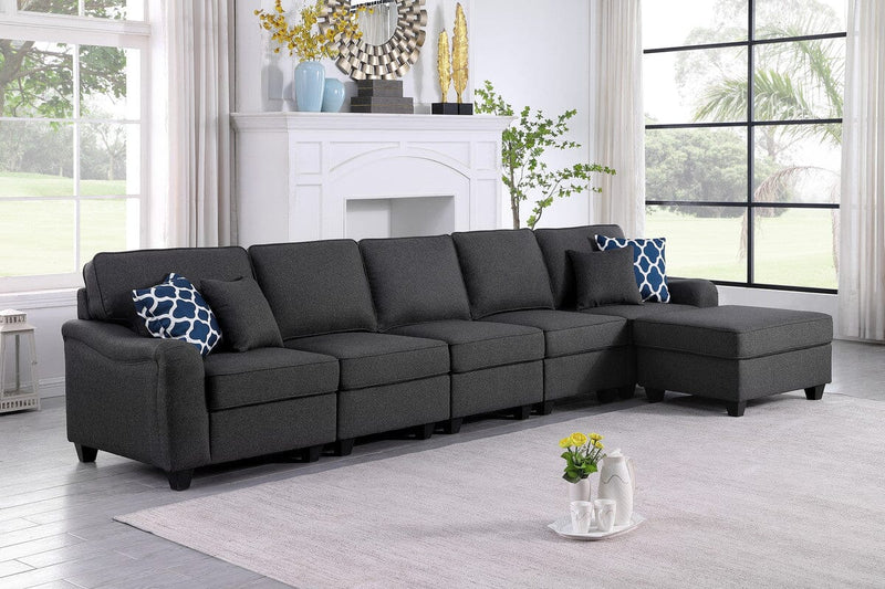 Leo Dark Gray Linen 6 Seater Sofa and Ottoman