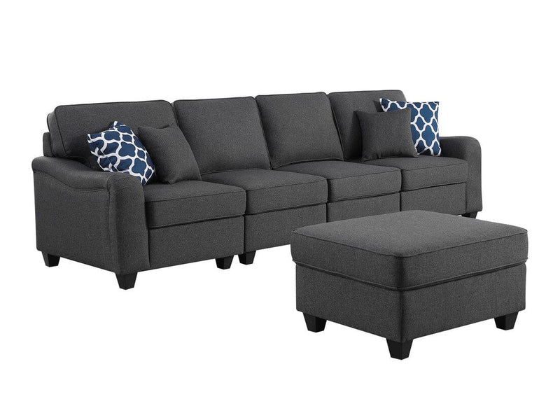 Leo Dark Gray Linen 5 Seater Sofa and Ottoman