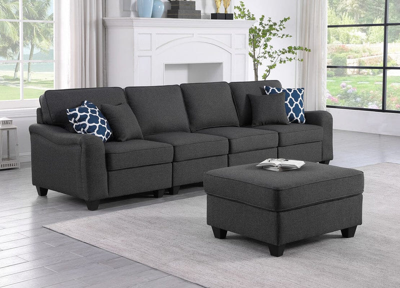 Leo Dark Gray Linen 5 Seater Sofa and Ottoman