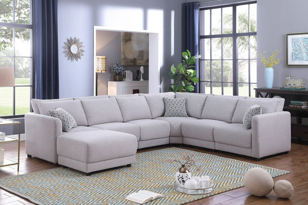 Penelope Light Gray Linen Fabric Reversible 7PC Modular Sectional Sofa with Ottoman and Pillows