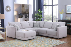 Penelope Light Gray Linen Fabric Reversible L-Shape Sectional Sofa with Ottoman and Pillows