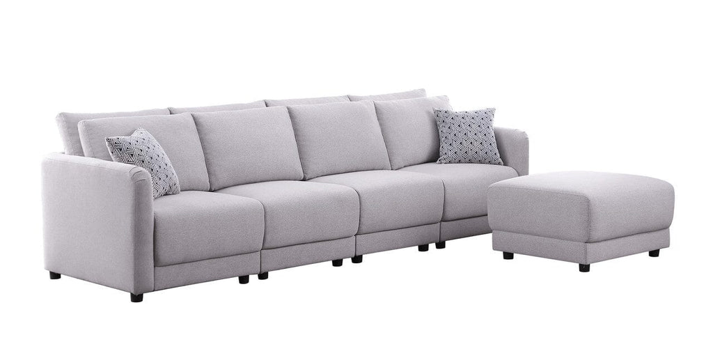 Penelope Light Gray Linen Fabric 4-Seater Sofa with Ottoman and Pillows