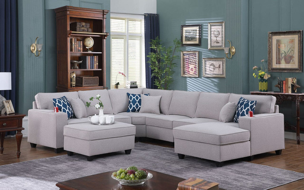 Cooper Light Gray Linen 7Pc Modular Sectional Sofa Chaise with Ottoman and Cupholder