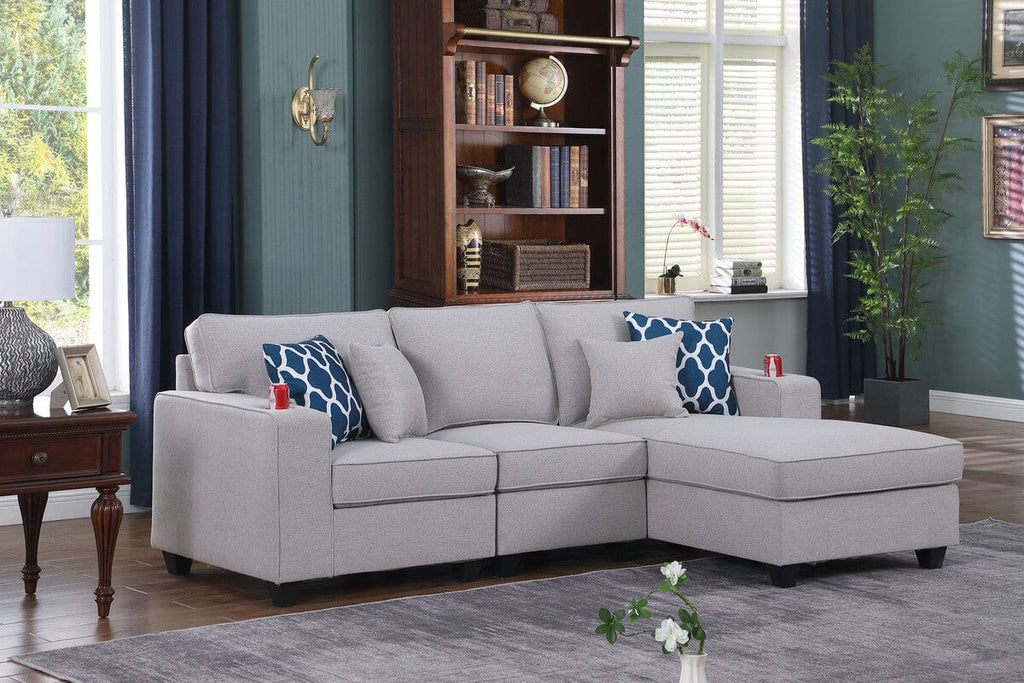 Cooper Light Gray Linen Sectional Sofa Chaise with Cupholder