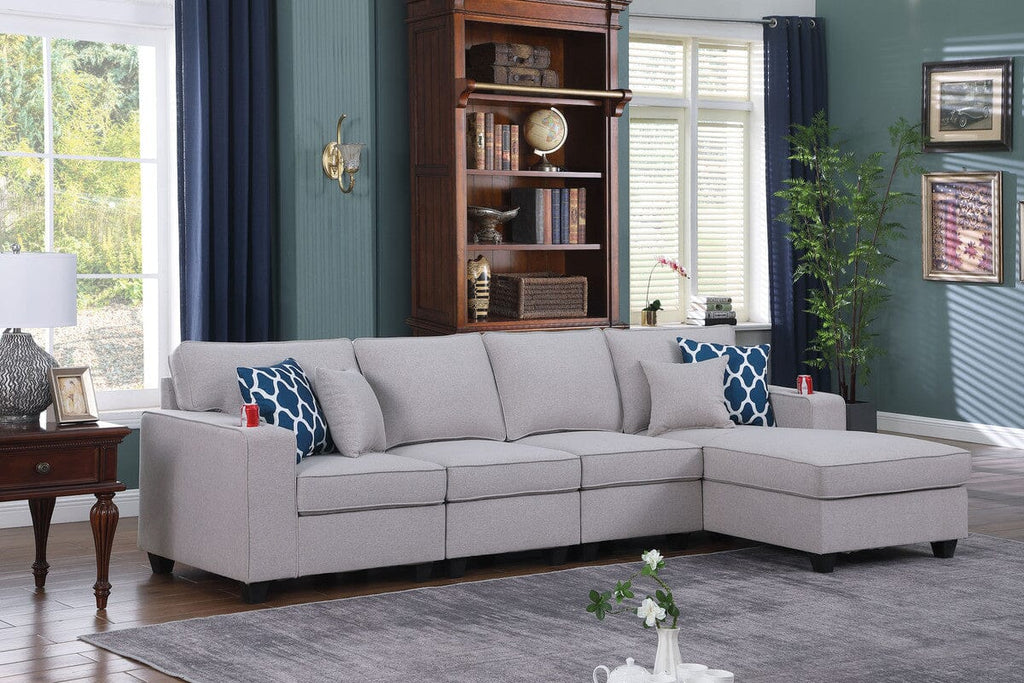 Cooper Light Gray Linen 4Pc Sectional Sofa Chaise with Cupholder