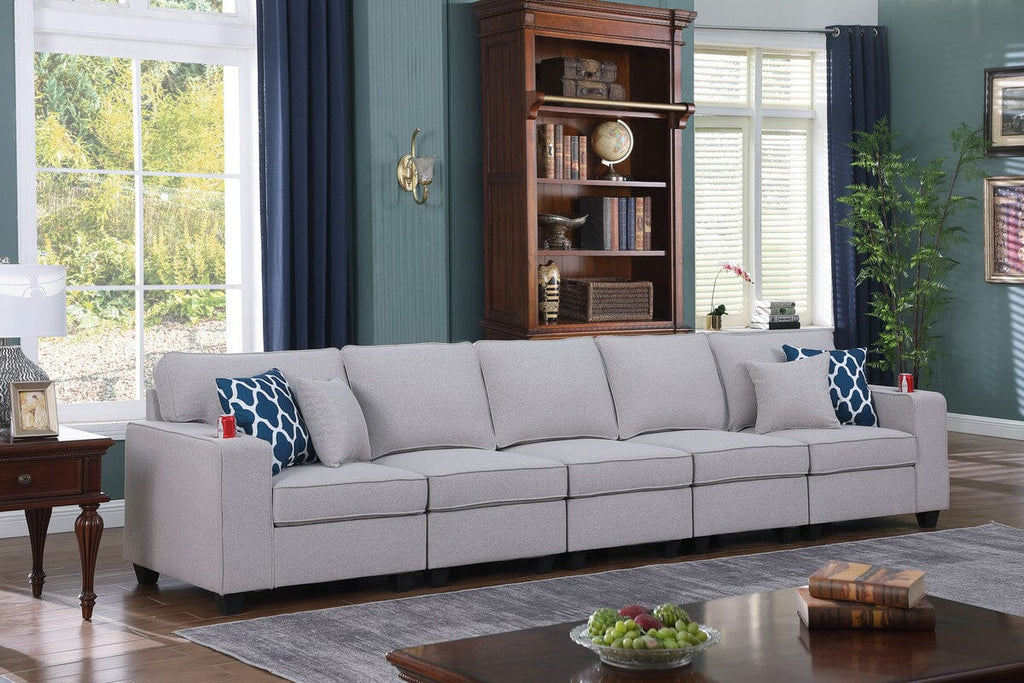 Cooper Light Gray Linen 5-Seater Sofa with Cupholder