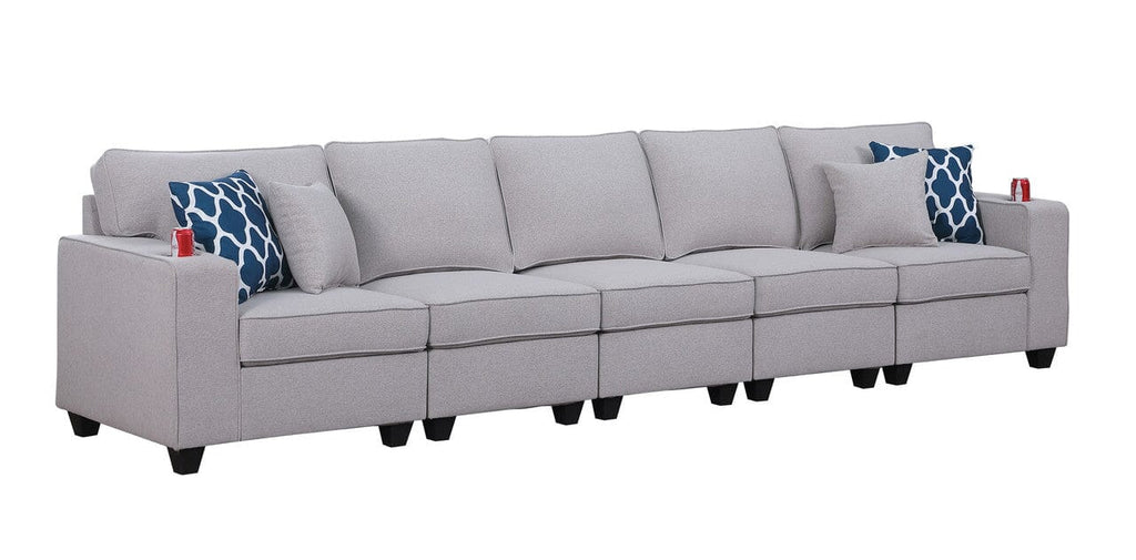 Cooper Light Gray Linen 5-Seater Sofa with Cupholder