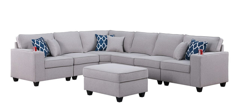 Cooper Light Gray Linen 7Pc Reversible L-Shape Sectional Sofa with Ottoman and Cupholder
