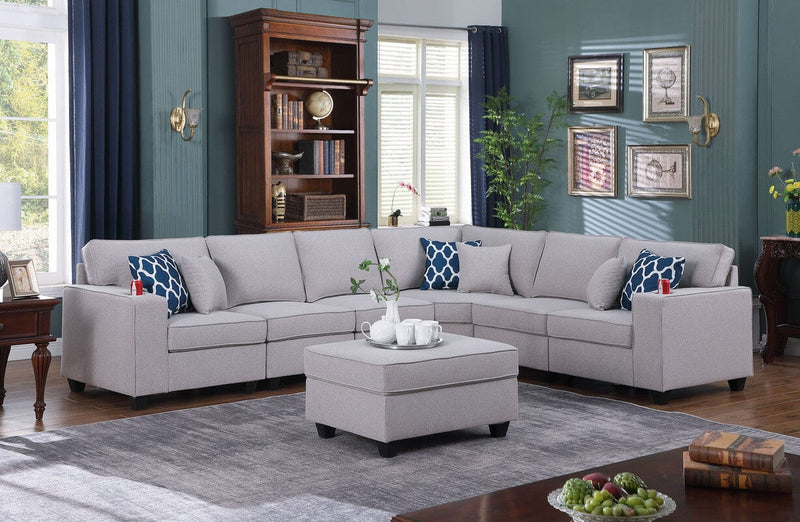 Cooper Light Gray Linen 7Pc Reversible L-Shape Sectional Sofa with Ottoman and Cupholder