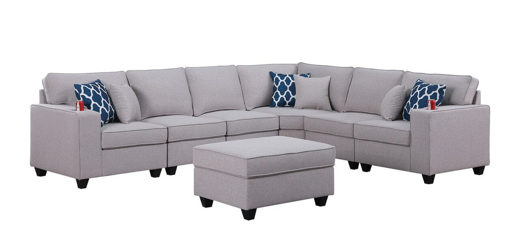 Cooper Light Gray Linen 7Pc Reversible L-Shape Sectional Sofa with Ottoman and Cupholder