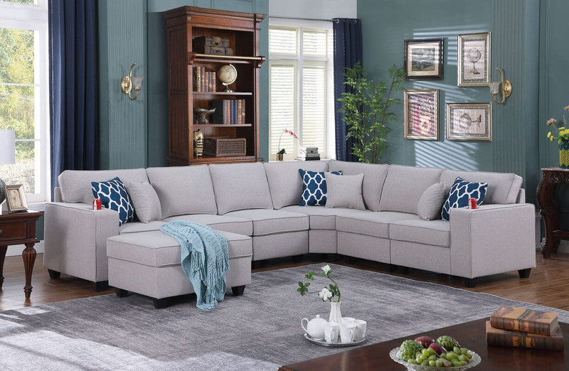 Cooper Light Gray Linen 7Pc Reversible L-Shape Sectional Sofa with Ottoman and Cupholder