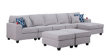 Cooper Light Gray Linen Sectional Sofa Chaise with 2 Ottomans and Cupholder