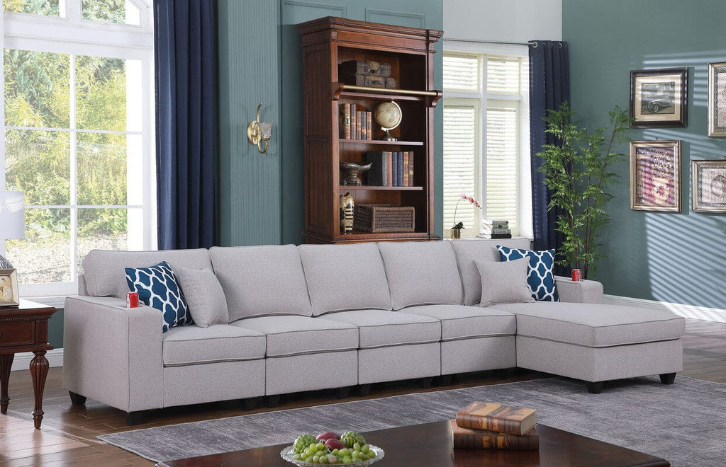 Cooper Light Gray Linen 5Pc Sectional Sofa Chaise with Cupholder