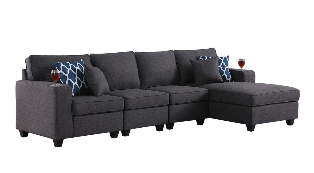 Cooper Dark Gray Linen 4Pc Sectional Sofa Chaise with Cupholder