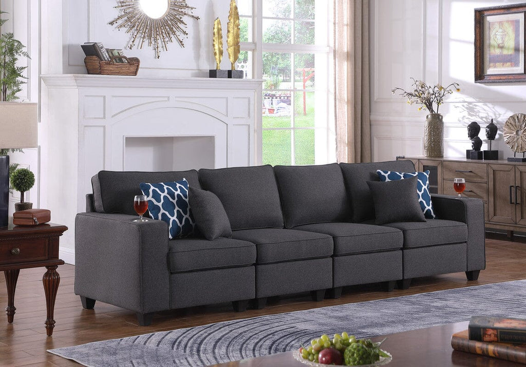 Cooper Dark Gray Linen 4-Seater Sofa with Cupholder
