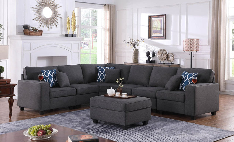 Cooper Dark Gray Linen 7Pc Reversible L-Shape Sectional Sofa with Ottoman and Cupholder