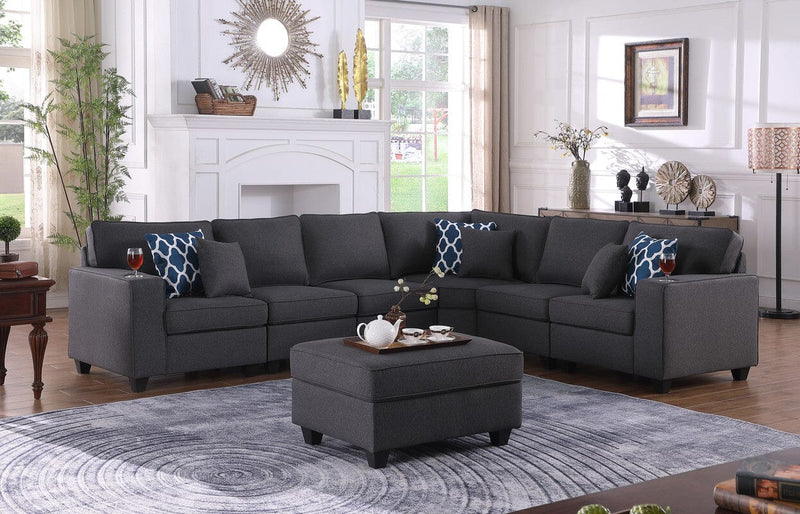 Cooper Dark Gray Linen 7Pc Reversible L-Shape Sectional Sofa with Ottoman and Cupholder