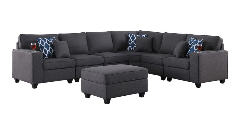 Cooper Dark Gray Linen 7Pc Reversible L-Shape Sectional Sofa with Ottoman and Cupholder