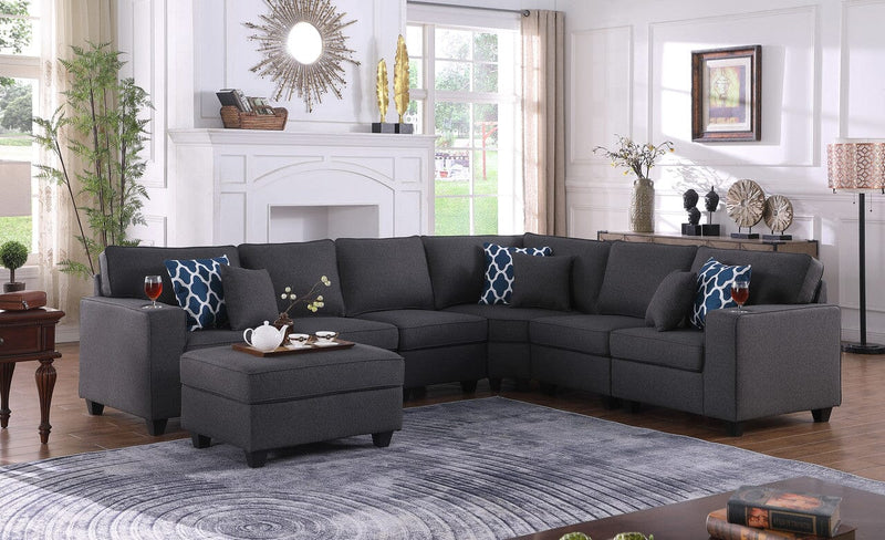 Cooper Dark Gray Linen 7Pc Reversible L-Shape Sectional Sofa with Ottoman and Cupholder