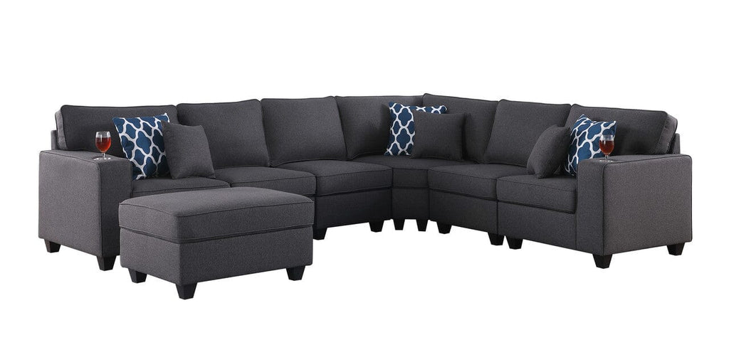 Cooper Dark Gray Linen 7Pc Reversible L-Shape Sectional Sofa with Ottoman and Cupholder