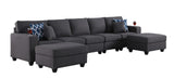 Cooper Dark Gray Linen 5-Seater Sofa with 2 Ottomans and Cupholder