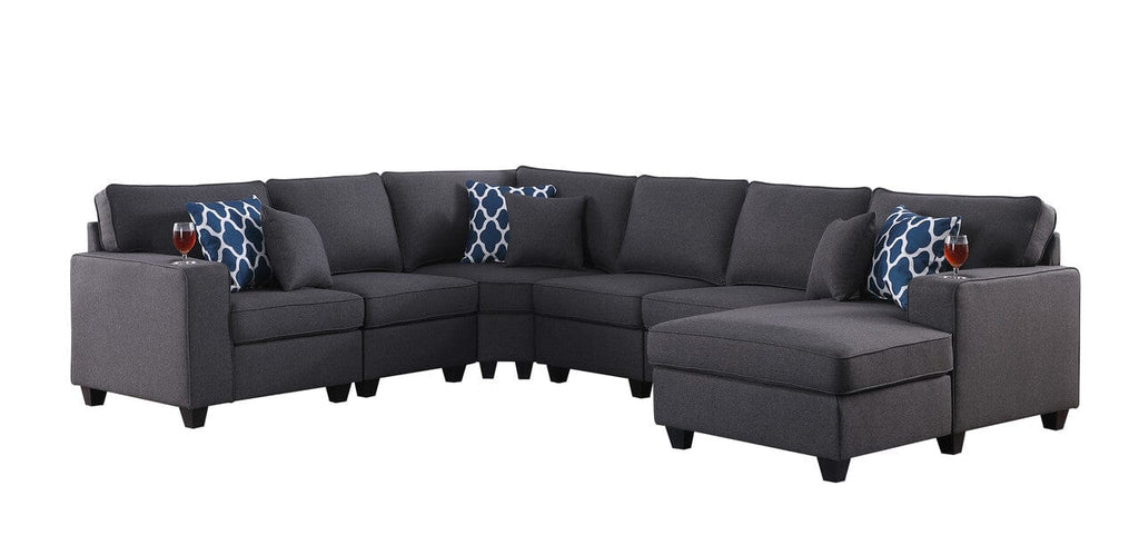 Cooper Dark Gray Linen 6Pc Modular Sectional Sofa Chaise with Cupholder