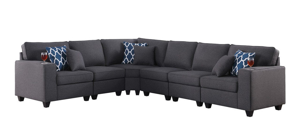 Cooper Dark Gray Linen 6Pc Reversible L-Shape Sectional Sofa with Cupholder