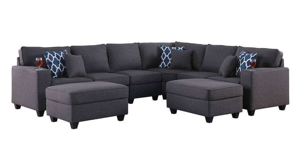 Cooper Dark Gray Linen 8Pc Reversible L-Shape Sectional Sofa with Ottomans and Cupholder