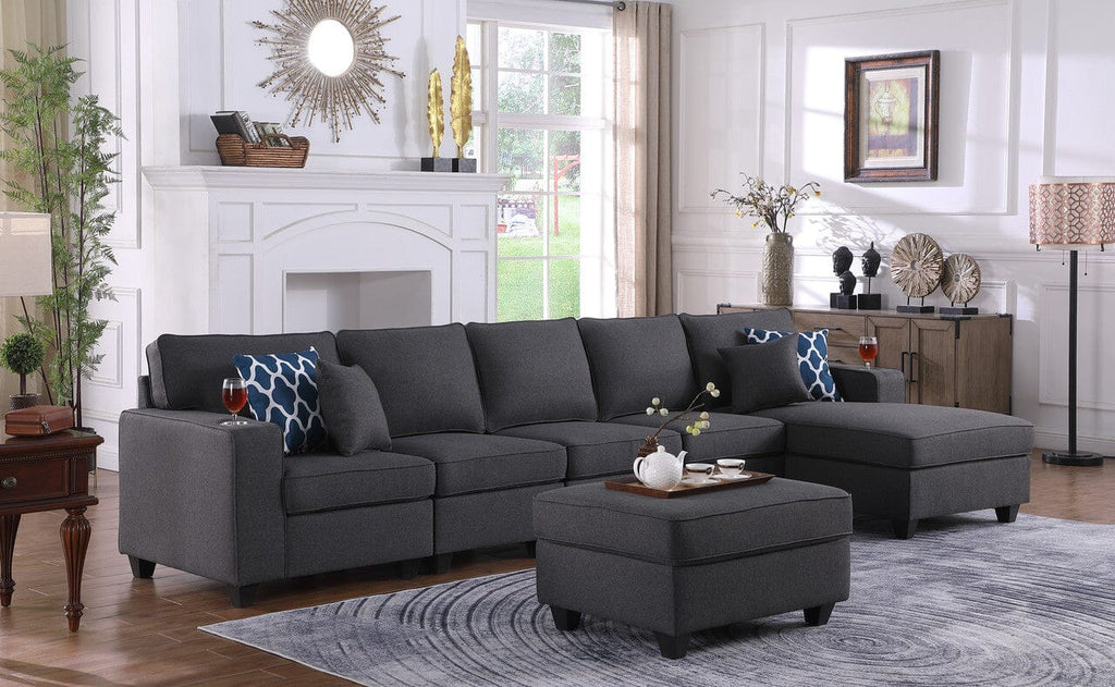 Cooper Dark Gray Linen 6Pc Sectional Sofa Chaise with Ottoman and Cupholder