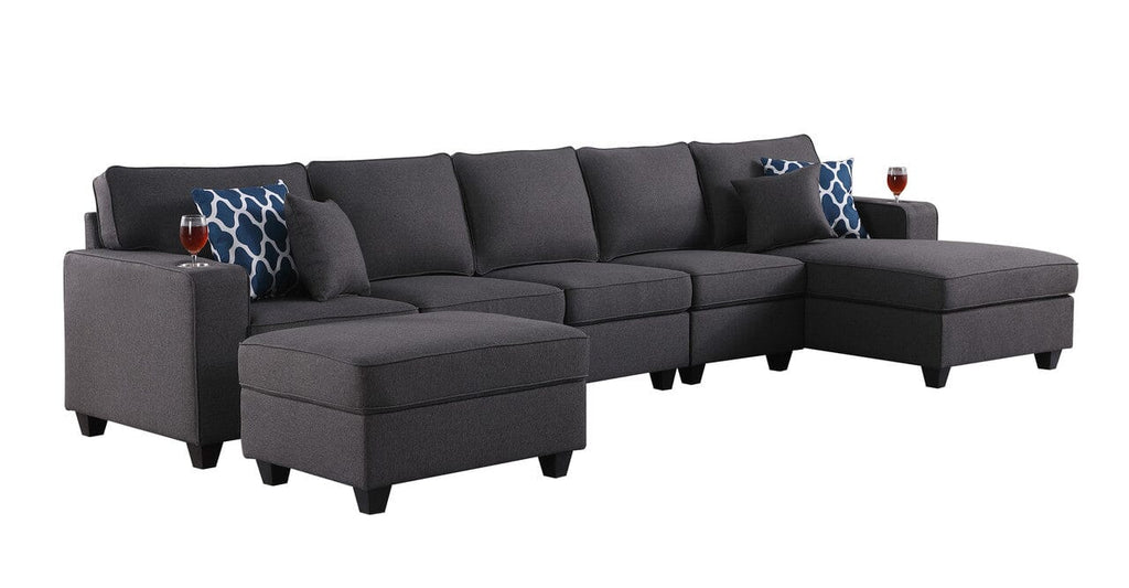 Cooper Dark Gray Linen 6Pc Sectional Sofa Chaise with Ottoman and Cupholder