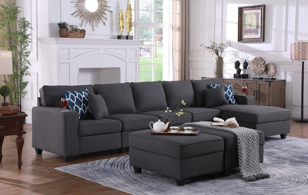 Cooper Dark Gray Linen Sectional Sofa Chaise with 2 Ottomans and Cupholder