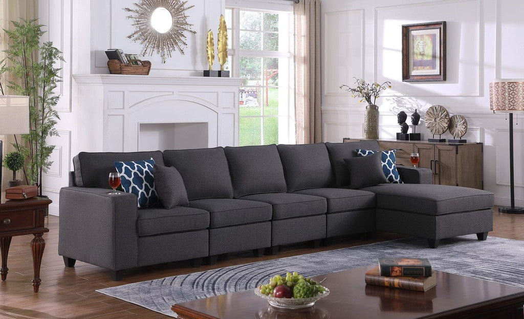 Cooper Dark Gray Linen 5Pc Sectional Sofa Chaise with Cupholder