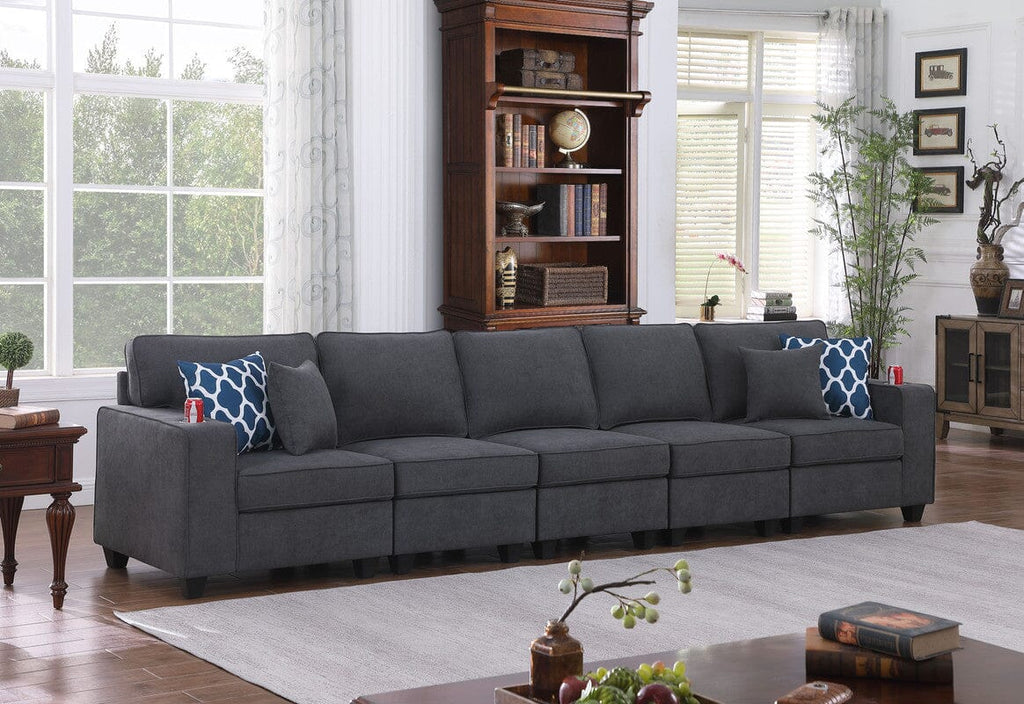 Cooper Stone Gray Woven Fabric 5-Seater Sofa with Cupholder