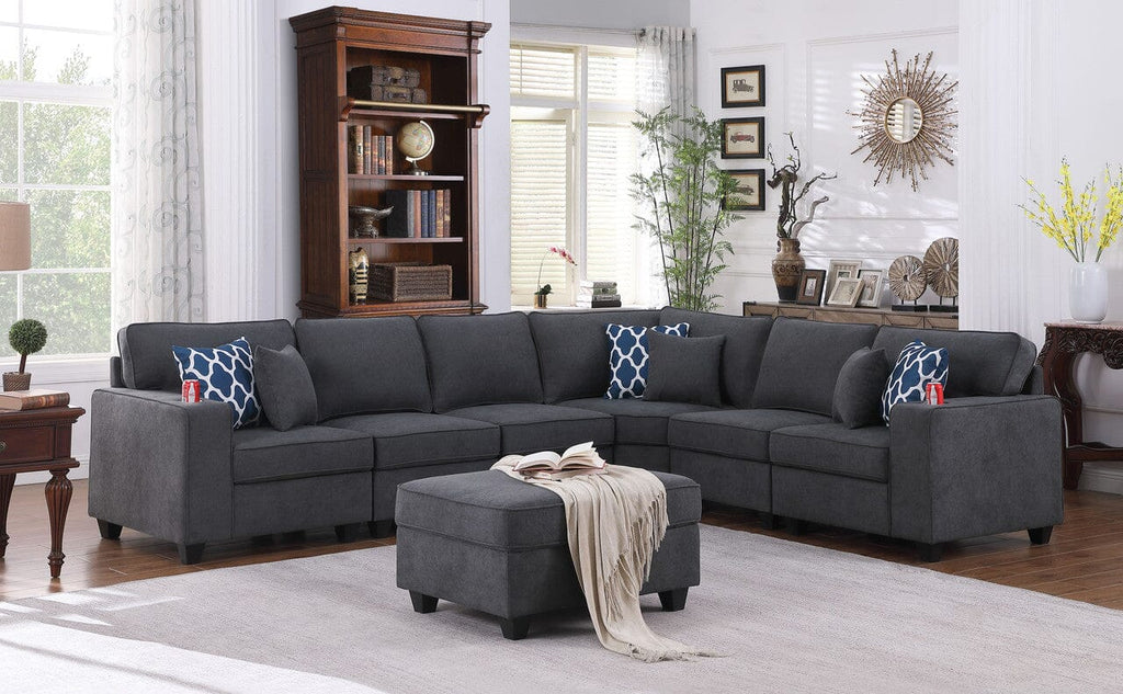 Cooper Stone Gray Woven Fabric 7Pc Reversible L-Shape Sectional Sofa with Ottoman and Cupholder