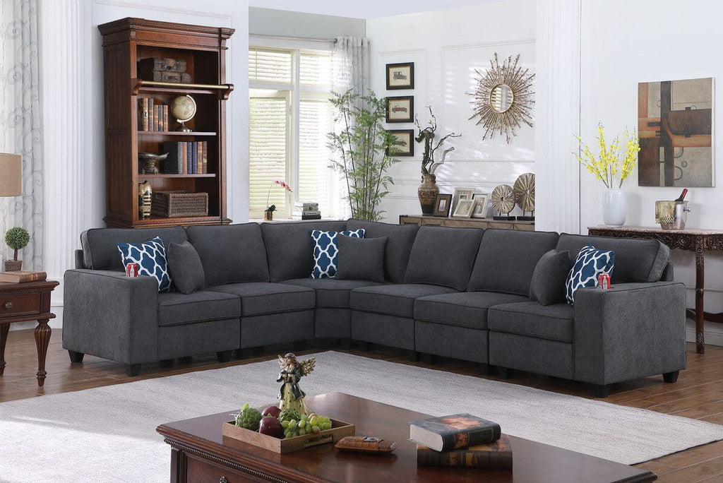 Cooper Stone Gray Woven Fabric 6Pc Reversible L-Shape Sectional Sofa with Cupholder