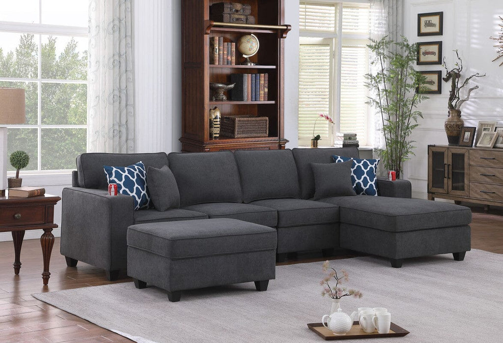 Cooper Stone Gray Woven Fabric 5Pc Sectional Sofa Chaise with Ottoman and Cupholder