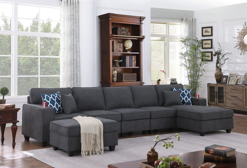 Cooper Stone Gray Woven Fabric 6Pc Sectional Sofa Chaise with Ottoman and Cupholder