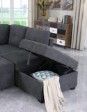 Sadie Dark Gray Woven Fabric Sleeper Sectional Sofa with Storage Ottoman, Storage Arm