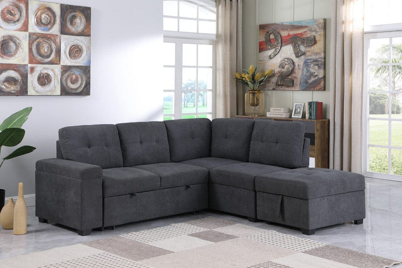 Sadie Dark Gray Woven Fabric Sleeper Sectional Sofa with Storage Ottoman, Storage Arm