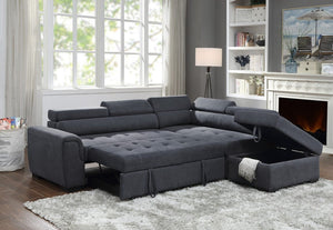 Haris Dark Gray Fabric Sleeper Sofa Sectional with Adjustable Headrest and Storage Ottoman