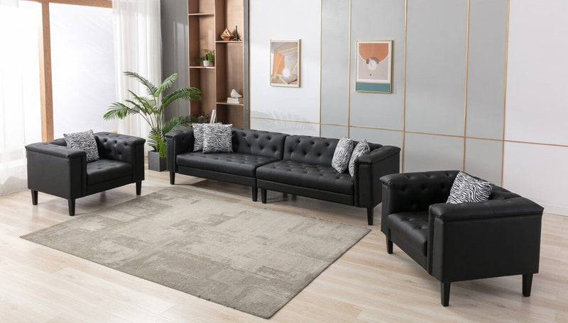 Sarah Black Vegan Leather Tufted Sofa 2 Chairs Living Room Set With 6 Accent Pillows