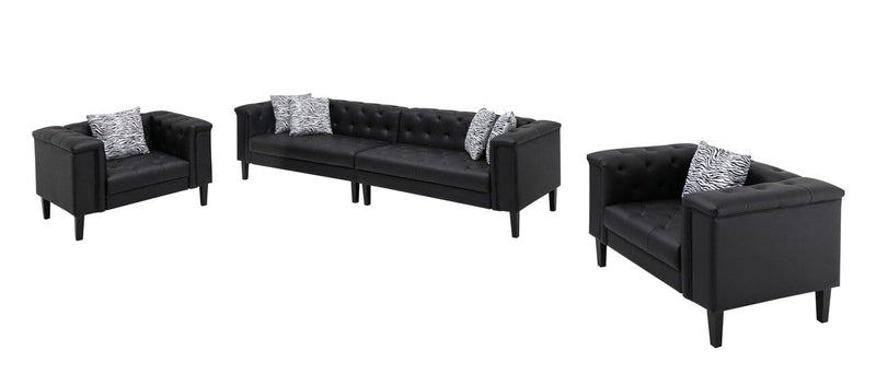 Sarah Black Vegan Leather Tufted Sofa 2 Chairs Living Room Set With 6 Accent Pillows