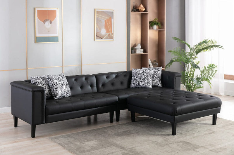 Sarah Black Vegan Leather Tufted Sofa Ottoman Living Room Set With 4 Accent Pillows