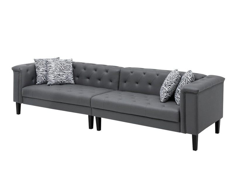 Sarah Gray Vegan Leather Tufted Sofa With 4 Accent Pillows