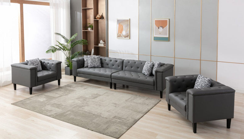 Sarah Gray Vegan Leather Tufted Sofa 2 Chairs Living Room Set With 6 Accent Pillows